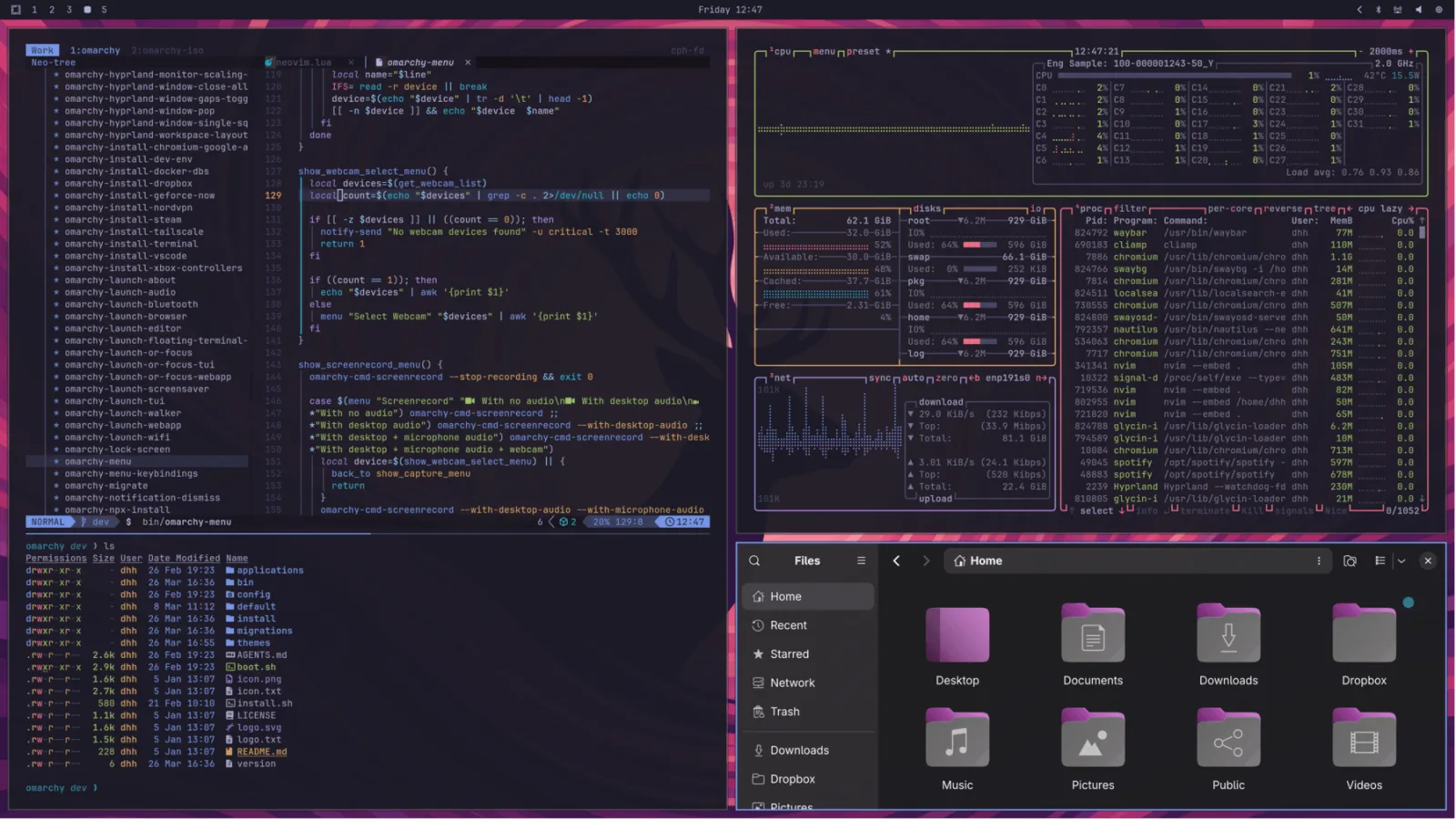 An Omarchy desktop in the Tokyo Night theme.